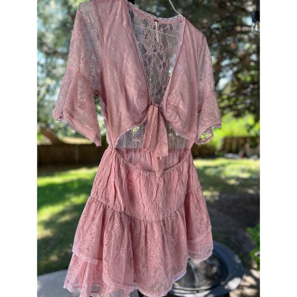 New FREE PEOPLE  Size L Lala Lace Mini Dress $128 Pink Sexy Boho Chic Festival - Picture 8 of 16